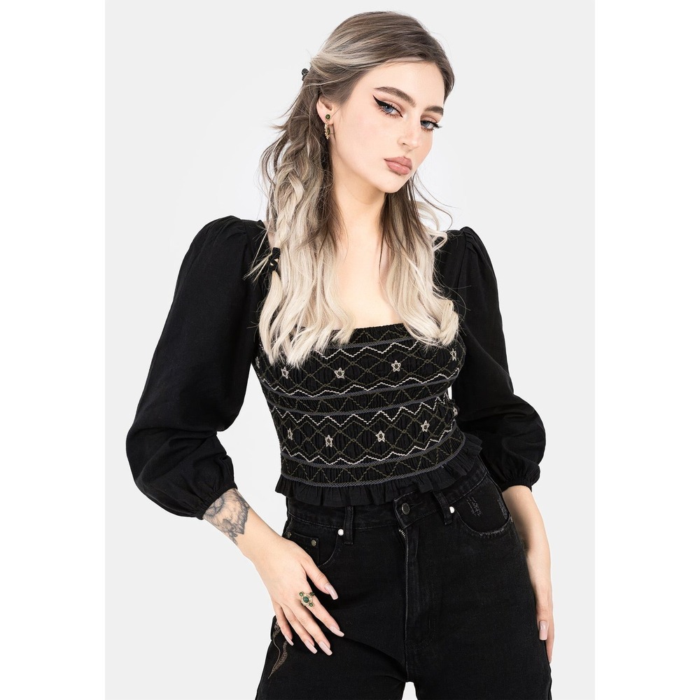 Disturbia Larissa Hand Embroidered Smocked Puff Sleeve Top Size 10 Whimsigoth